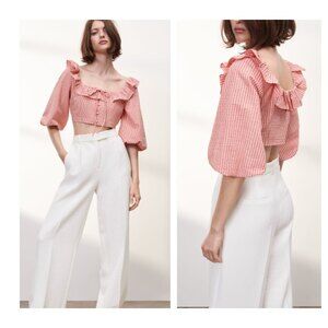 NWT Zara Women's Cropped Top Ruffled Striped Puffy Balloon 3/4 SL Fashion S